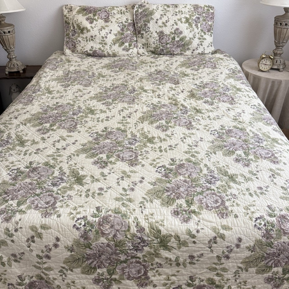 Vtg Cottagecore Quilt Full Queen Floral Shams Rose Reversible Striped Bedspread